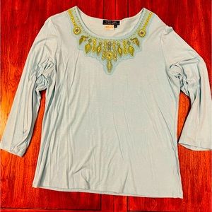 City Girl boatneck blouse w/ embellishments at the neck line; Turquoise & green